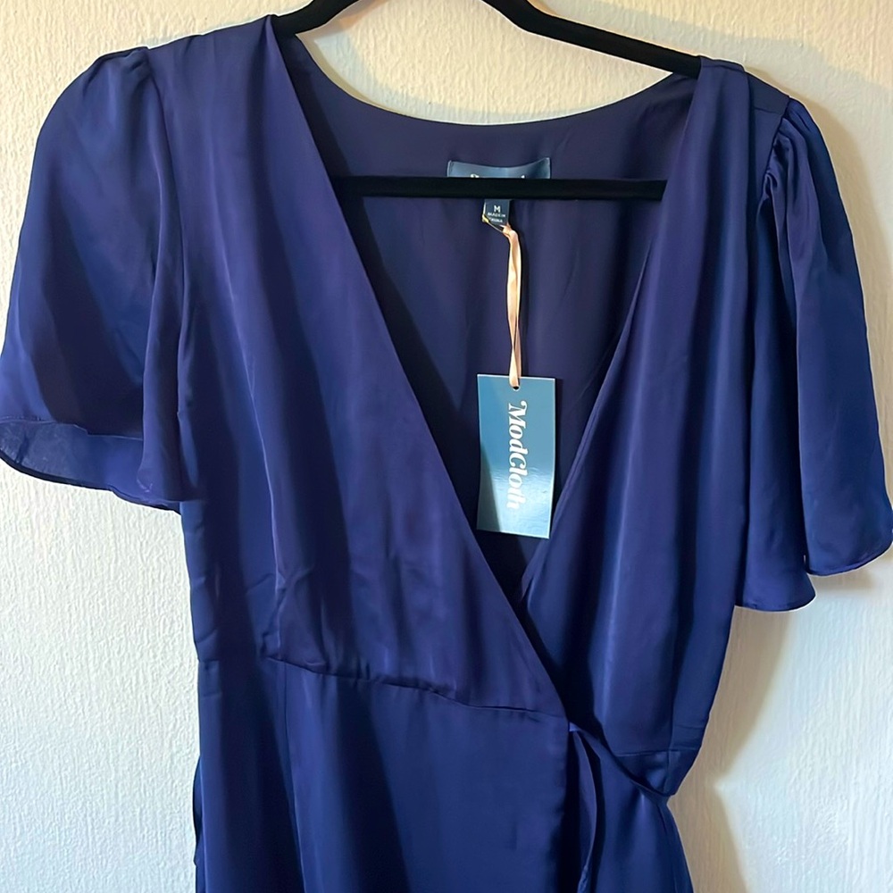 Silky navy ruffles ModCloth wrap dress